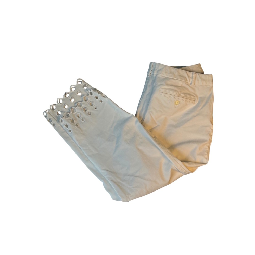 Charter Club Newport Slim Crop White Eyelet Hem Pants Size 14 Grommet Scalloped